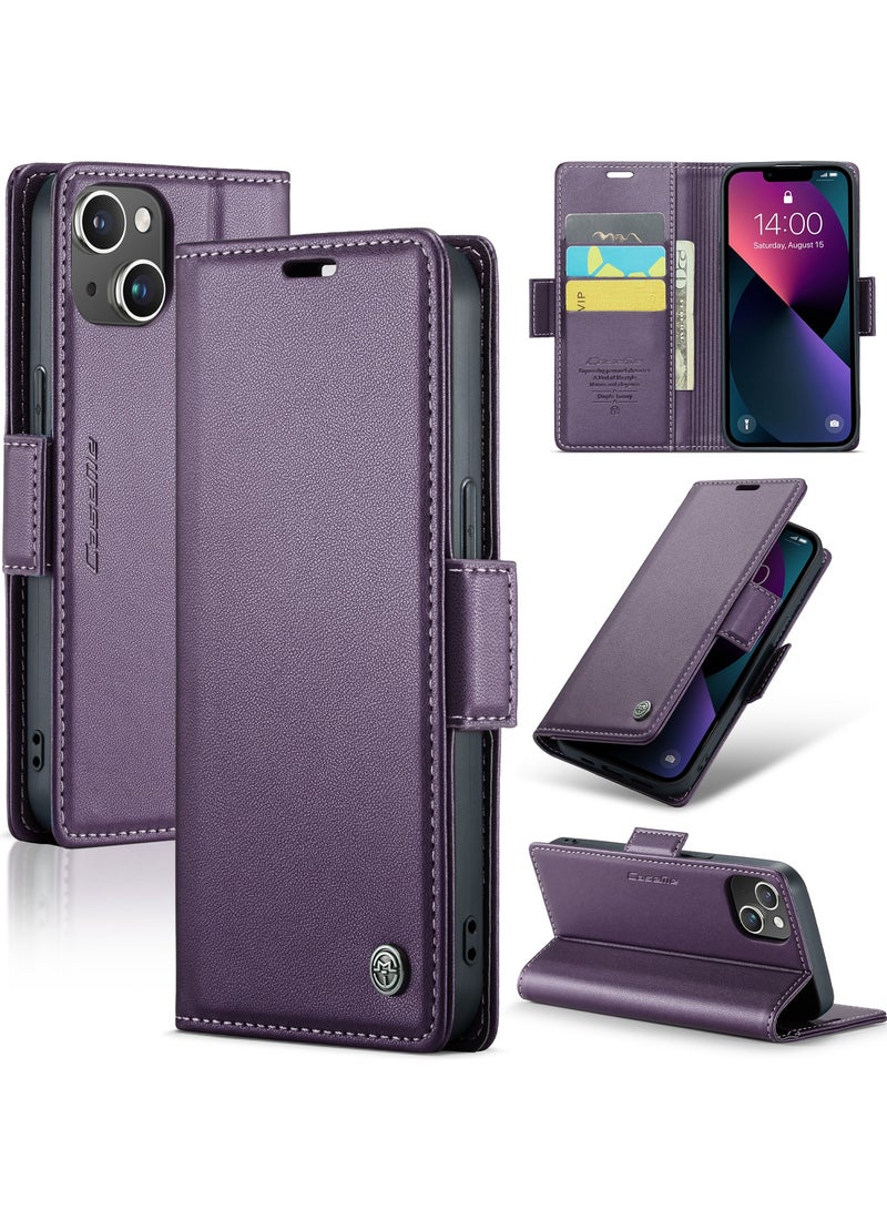 Flip Wallet Case for Apple iPhone 14 Plus, Leather Magnetic Attachment Flip Case Purple  - Image 1