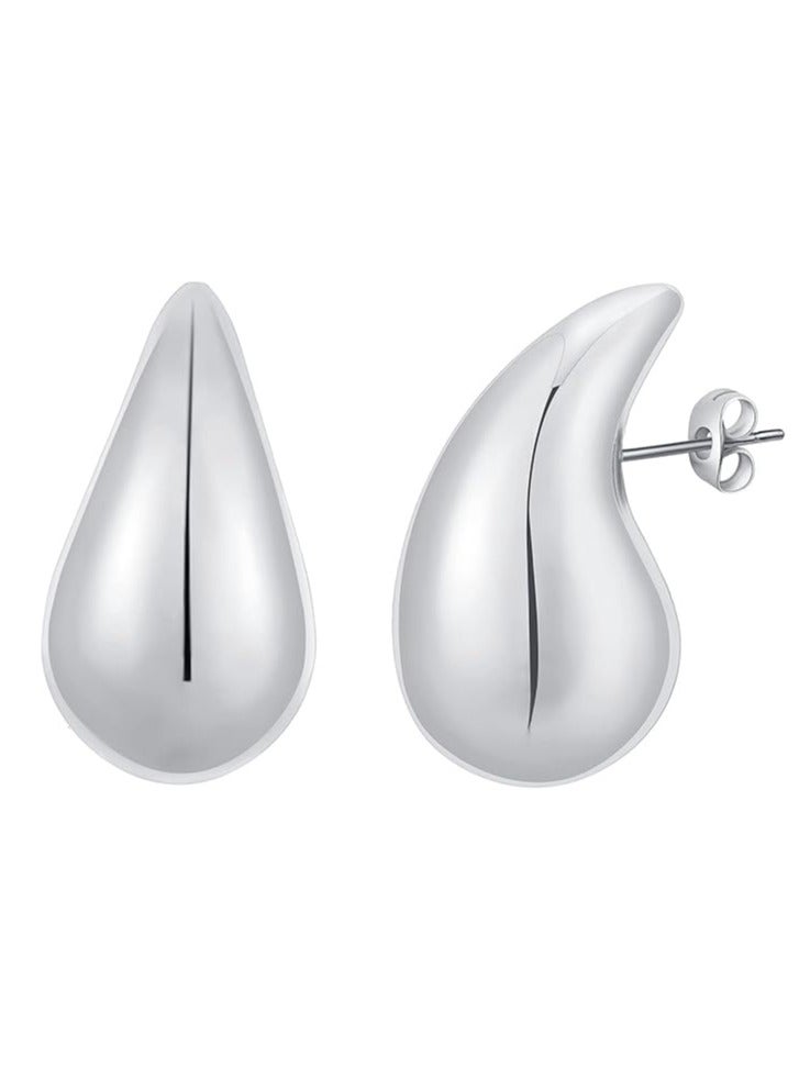 أقراط نسائية فضية سميكة على شكل حلقة، أقراط خفيفة الوزن على شكل دمعة، أقراط مطلية بالفضة مضادة للحساسية ومجوهرات عصرية - Image 1