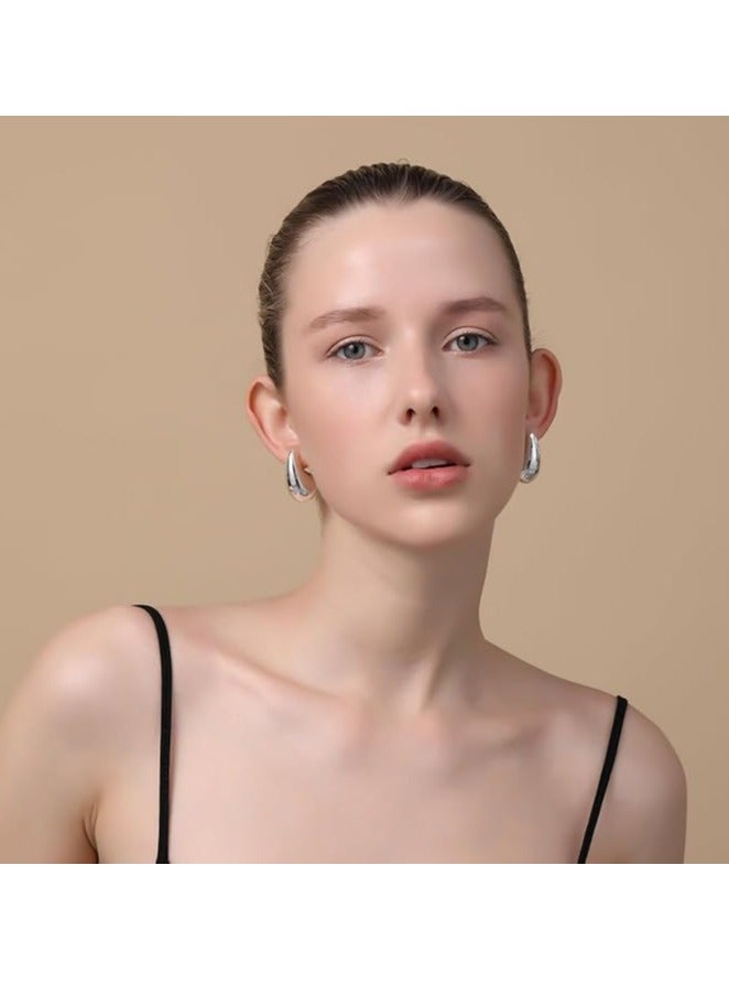 أقراط نسائية فضية سميكة على شكل حلقة، أقراط خفيفة الوزن على شكل دمعة، أقراط مطلية بالفضة مضادة للحساسية ومجوهرات عصرية - Image 2