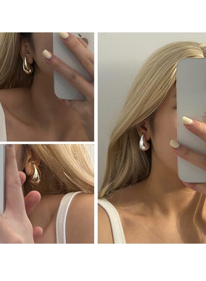 أقراط نسائية فضية سميكة على شكل حلقة، أقراط خفيفة الوزن على شكل دمعة، أقراط مطلية بالفضة مضادة للحساسية ومجوهرات عصرية - Image 4