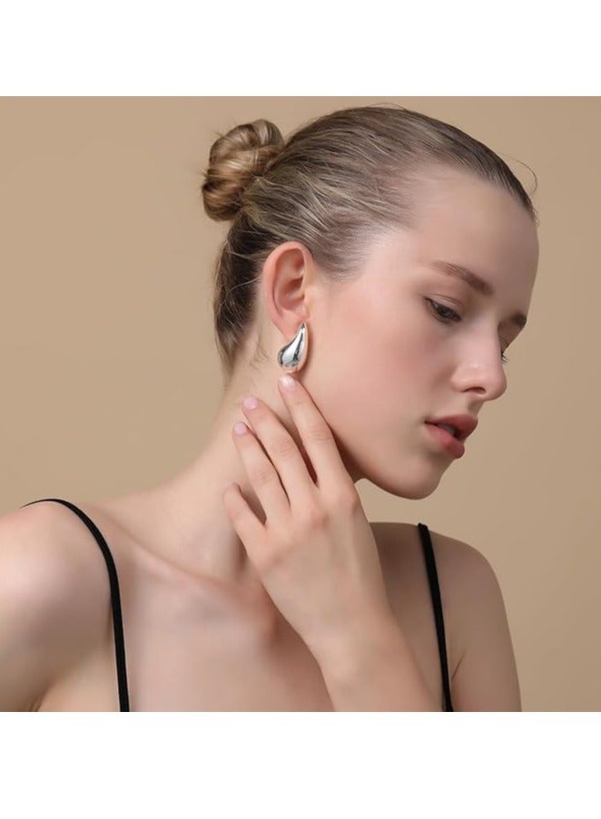 أقراط نسائية فضية سميكة على شكل حلقة، أقراط خفيفة الوزن على شكل دمعة، أقراط مطلية بالفضة مضادة للحساسية ومجوهرات عصرية - Image 3