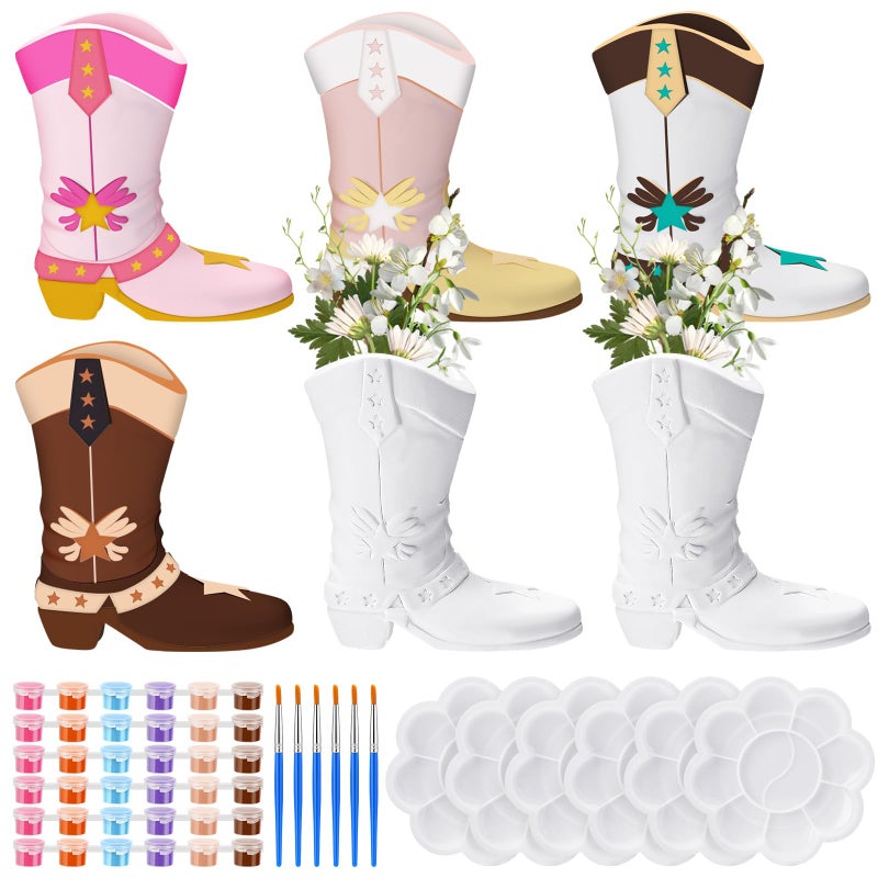 Affrolling 6 Set Cowboy Boot Vase Ceramics to Paint Ready to Paint Your Own Ceramic Cowgirl Boot Vase DIY Unpainted Cowgirl Boot Plaster Paintable Vase Kit Crafts with Brush Palette Paint for Adults - Image 1