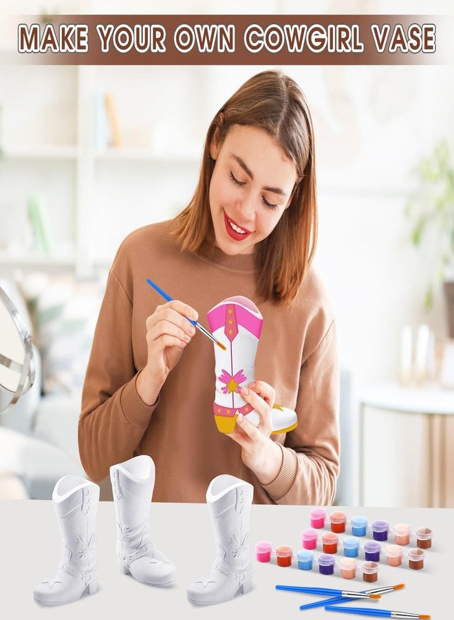 Affrolling 6 Set Cowboy Boot Vase Ceramics to Paint Ready to Paint Your Own Ceramic Cowgirl Boot Vase DIY Unpainted Cowgirl Boot Plaster Paintable Vase Kit Crafts with Brush Palette Paint for Adults - Image 3