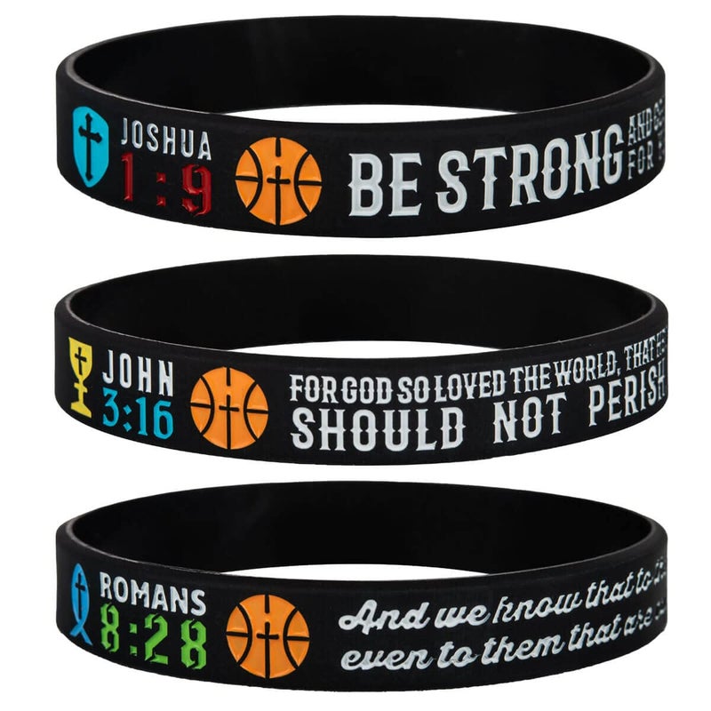 Sainstone Basketball Bible Silicone Bracelets with Inspirational Scriptures - Joshua 1:9, John 3:16, Romans 8:28 - Motivational Wristbands Gifts for Sports, Teens, Men Women (Unisex) - Image 1