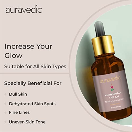 Auravedic Kumkumadi tailam for face Kumkumadi face oil for glowing skin 30 ml pack of 2 Kumkumadi oil face serum oil Dark spot corrector glow serum oil for women men - Image 2