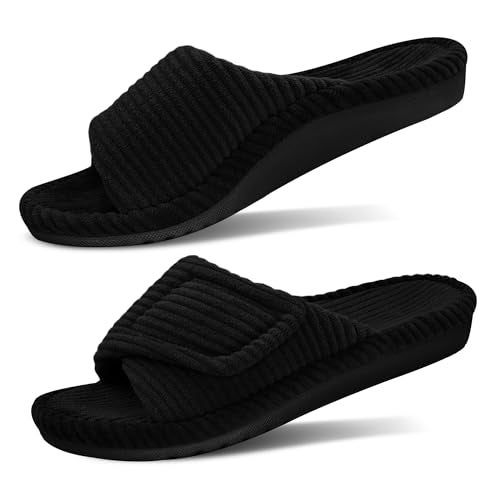 GRITHEIM Women's Orthopedic Arch Support Slippers Fuzzy Adjustable Orthotic Slippers for Plantar Fasciitis Ladies Furry Supportive Corduroy Memory Foam Open Toe Gift Slide (Black, US 8 Medium) - Image 1