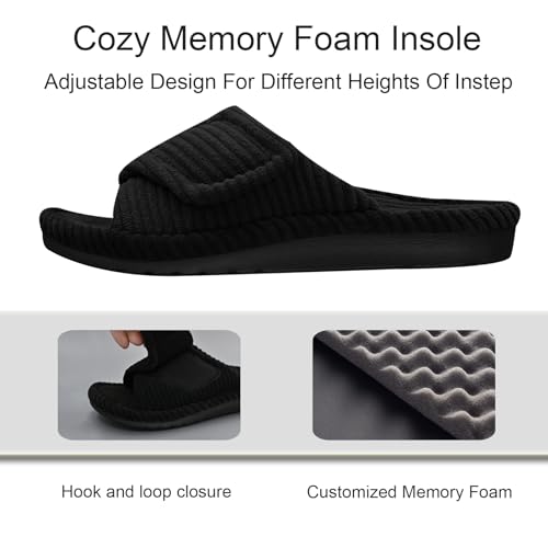 GRITHEIM Women's Orthopedic Arch Support Slippers Fuzzy Adjustable Orthotic Slippers for Plantar Fasciitis Ladies Furry Supportive Corduroy Memory Foam Open Toe Gift Slide (Black, US 8 Medium) - Image 3