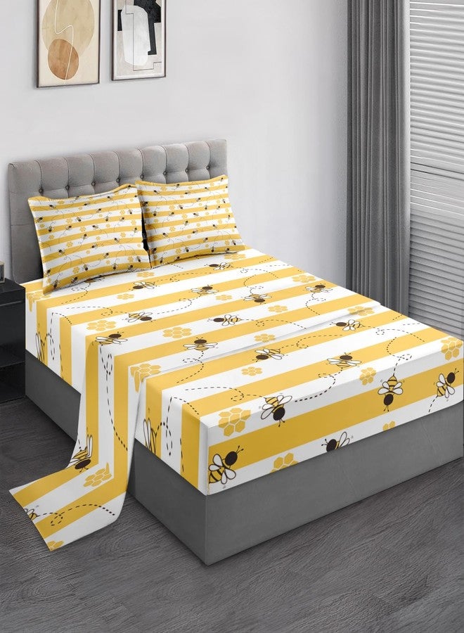 Pamnest Twin Size Bed Sheet Sets, Bee Yellow Stripe Soft Microfiber 3 Pcs Bedding Sets for Kids and Adults Bedroom Bed Decor, Honey Animal Flat, Fitted Sheet and Pillowcases - Image 1