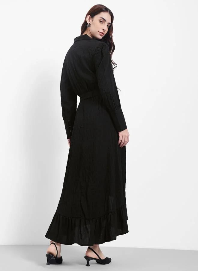 Styli Dobby Texture High Low Ruffle Hem Midi Dress with Self Tie Up
