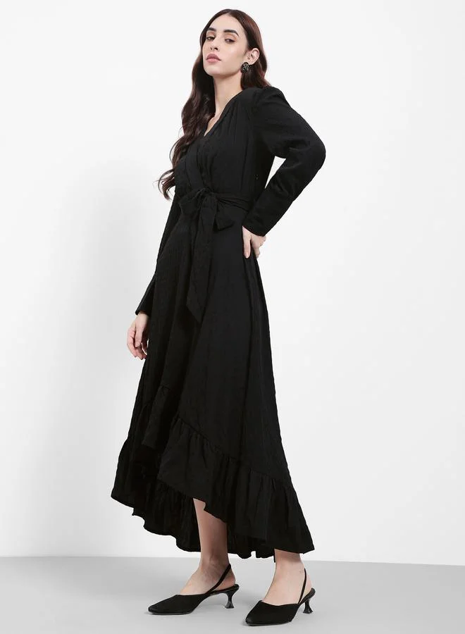 Styli Dobby Texture High Low Ruffle Hem Midi Dress with Self Tie Up