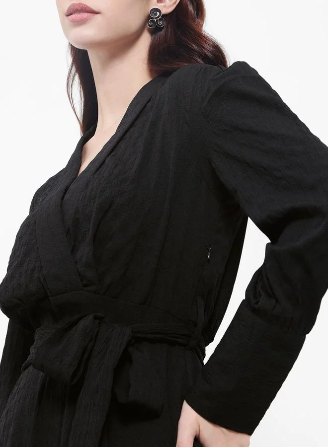 Styli Dobby Texture High Low Ruffle Hem Midi Dress with Self Tie Up