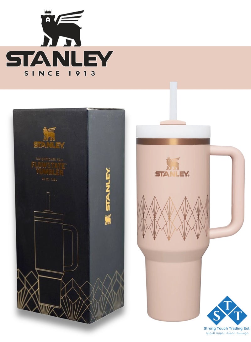 Stanley Officel  Stanley Quencher H2.O FlowState™ Tumbler Blush Gloss Deco 40 oz with Handle and Straw  | Flowstate 3-Position Lid | Cup Holder Compatible for Travel | Insulated Stainless Steel Cup | BPA-Free | for Water, Iced Tea or Coffee, Smoothie and More (Blush Gloss Deco 1.18L) - Image 1