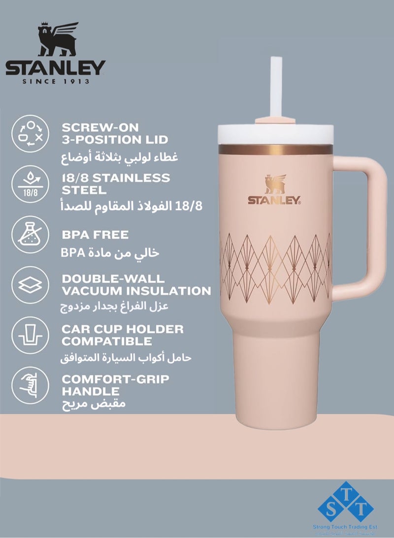 Stanley Officel  Stanley Quencher H2.O FlowState™ Tumbler Blush Gloss Deco 40 oz with Handle and Straw  | Flowstate 3-Position Lid | Cup Holder Compatible for Travel | Insulated Stainless Steel Cup | BPA-Free | for Water, Iced Tea or Coffee, Smoothie and More (Blush Gloss Deco 1.18L) - Image 2