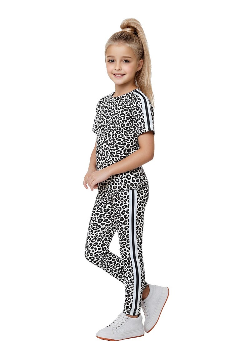 WiNi BEE Girls Leopard Print 2-Piece Set Short Sleeve T-Shirt and Leggings Outfit, Summer Clothes for Kids Ages 8-16 - Image 1