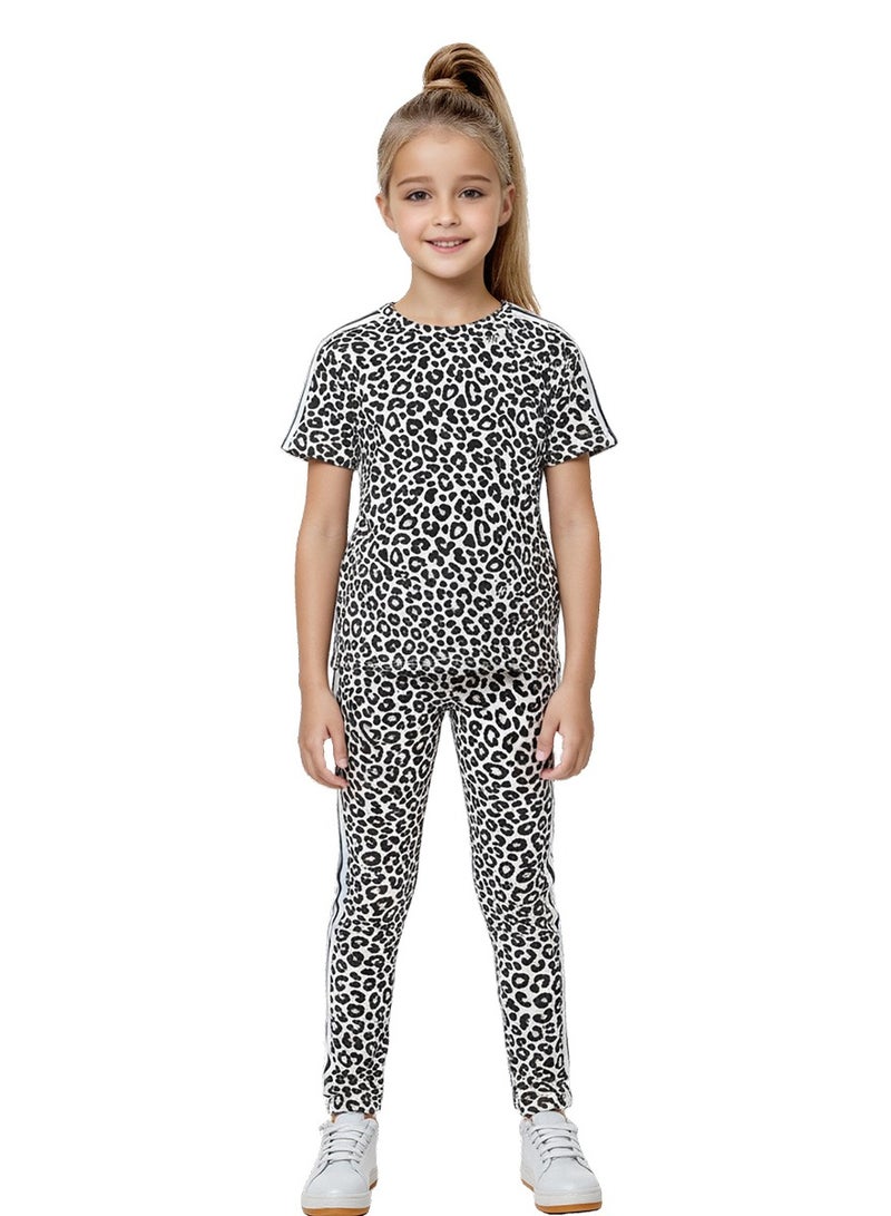 WiNi BEE Girls Leopard Print 2-Piece Set Short Sleeve T-Shirt and Leggings Outfit, Summer Clothes for Kids Ages 8-16 - Image 2