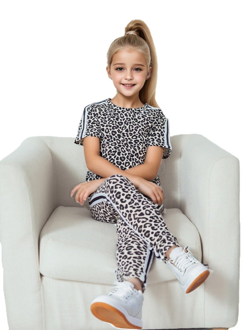 WiNi BEE Girls Leopard Print 2-Piece Set Short Sleeve T-Shirt and Leggings Outfit, Summer Clothes for Kids Ages 8-16 - Image 4