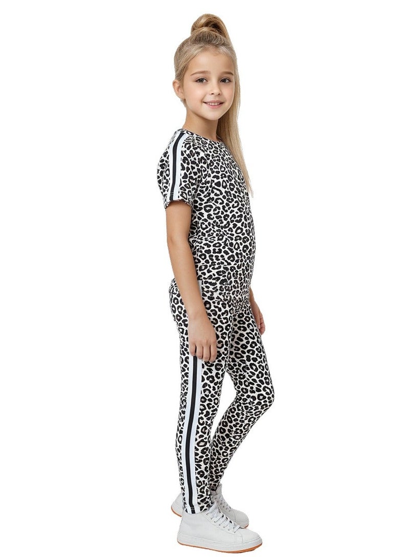 WiNi BEE Girls Leopard Print 2-Piece Set Short Sleeve T-Shirt and Leggings Outfit, Summer Clothes for Kids Ages 8-16 - Image 3
