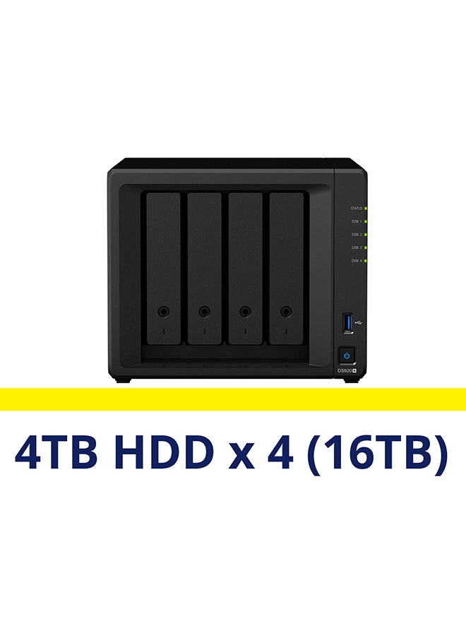 سينولوجي محرك أقراص ناس Ds920+ مزود بعدد 4 فتحات (16 تيرابايت): 4 تيرابايت × 4 محركات أقراص صلبة مثبتة مسبقا أسود - Image 1