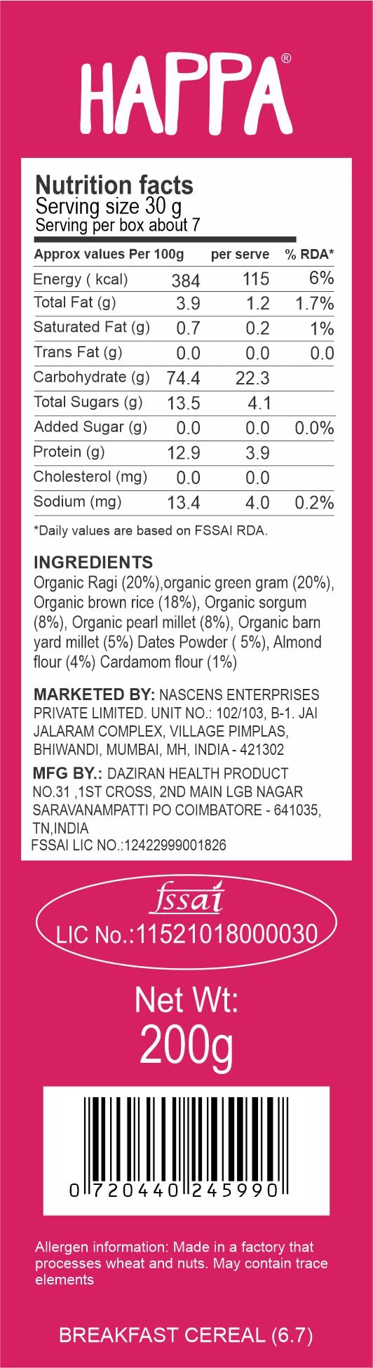 Happa Multigrain Cereal for Babies | Only 7 Ingredients | No Sugar, Oil, Milk Powder, Flavours or Colours | Traditional Porridge Recipe | Cooks in 3 Minutes | Stage 2 (6 Months+) | 200g Pack - Image 3
