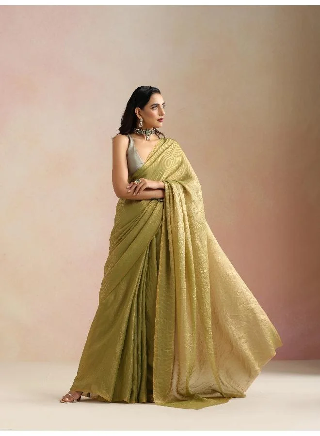 trueBrowns trueBrowns Green Tissue Stripe Saree With Unstitched Blouse