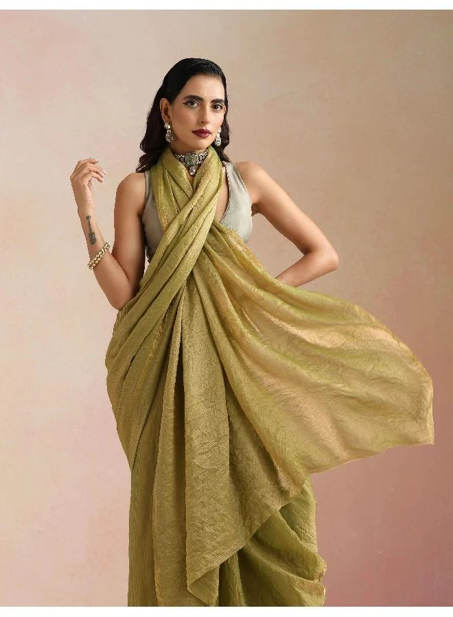 trueBrowns Green Tissue Stripe Saree With Unstitched Blouse