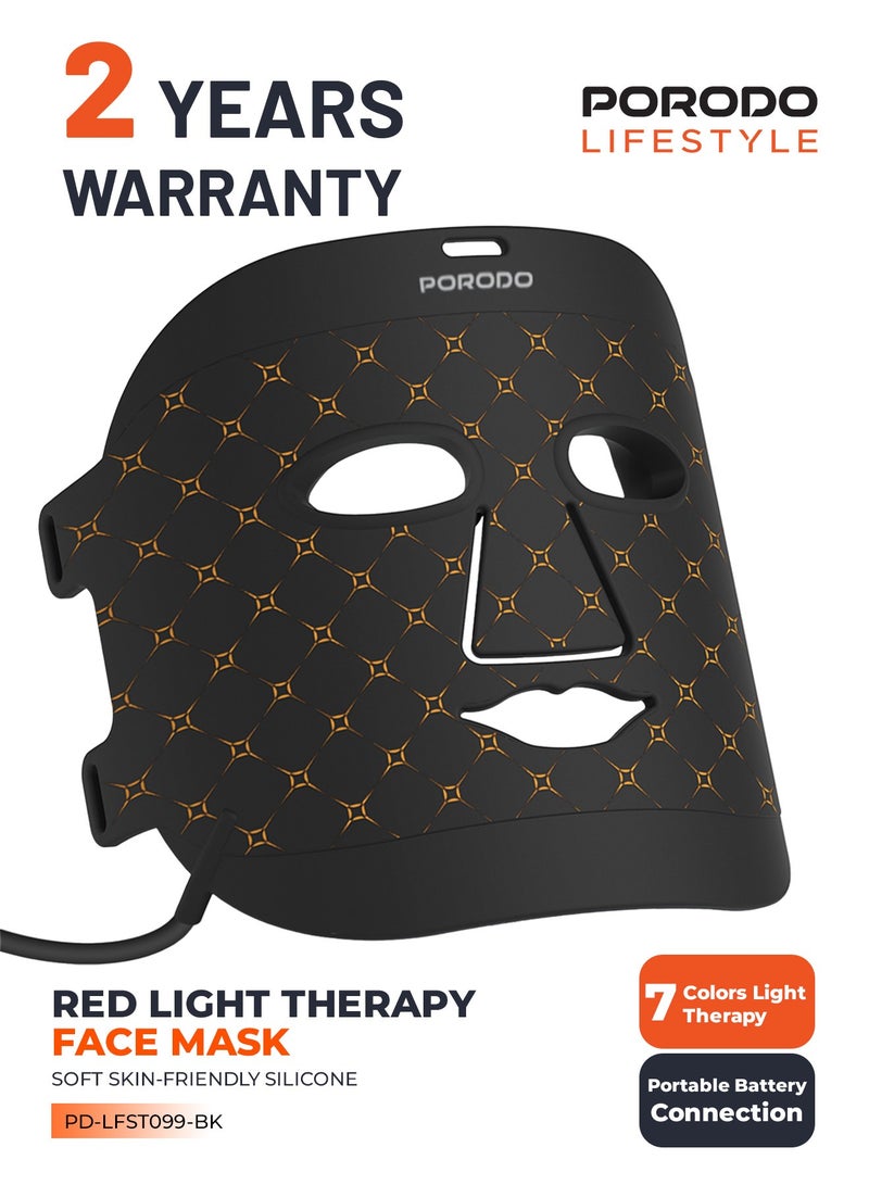 porodo Lifestyle Red Light Therapy Face Mask with 7 Colors Light Therapy / Portable Battery Connection / Cell Growth / Acne Repair / Grease Reduction / Collagen Boost / Metabolism Boost / Rough Improvement / Skin Brightening - Black - Image 1
