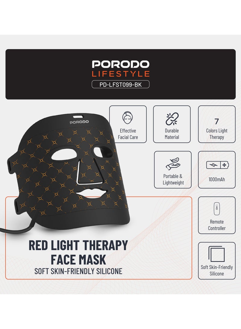 porodo Lifestyle Red Light Therapy Face Mask with 7 Colors Light Therapy / Portable Battery Connection / Cell Growth / Acne Repair / Grease Reduction / Collagen Boost / Metabolism Boost / Rough Improvement / Skin Brightening - Black - Image 5