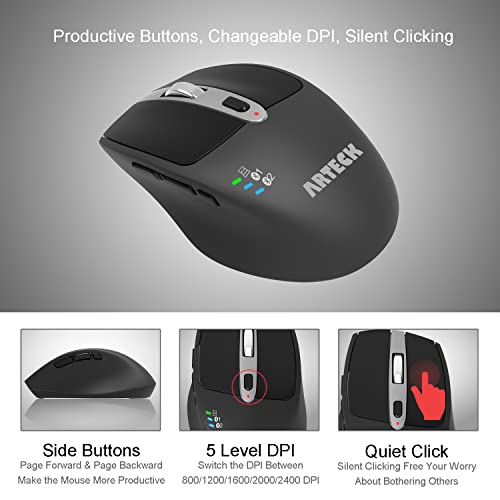 Arteck Wireless Bluetooth Mouse with Nano USB Receiver, Black, 4-Month Battery Life, Ergonomic Design - Image 3