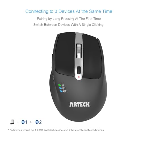 Arteck Wireless Bluetooth Mouse with Nano USB Receiver, Black, 4-Month Battery Life, Ergonomic Design - Image 2