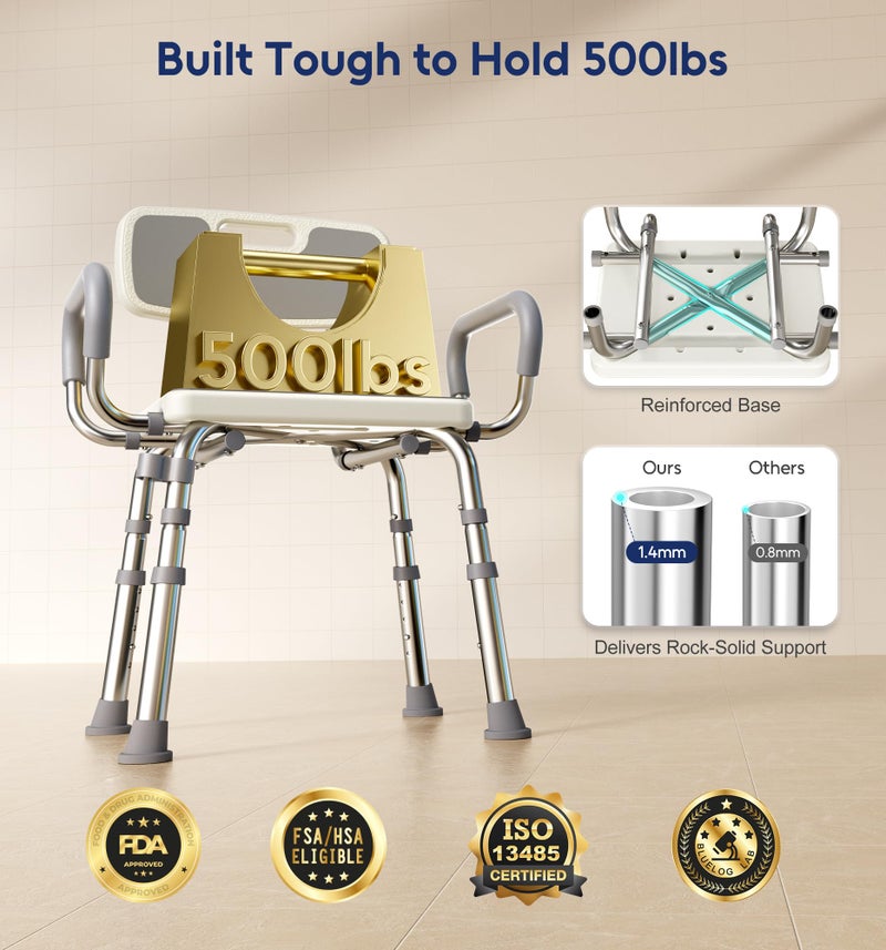 Bluelog Shower Chair for Inside Shower with Arms and Back, 500lbs Capacity Height Adjustable Shower Seat with Thickened Frame for Seniors, Elderly and Disabled - Image 2
