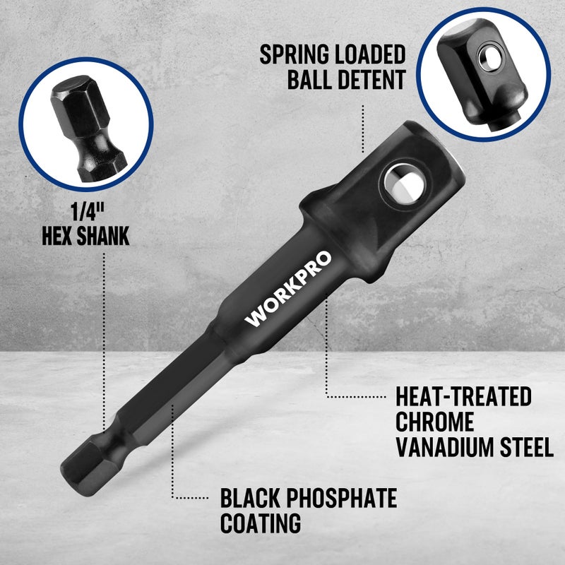 WORKPRO 7 Pieces Impact Socket Adapter Set, Includes 3 Pieces 1/4" Hex Shank Drill Extension Set (1/4", 3/8" and 1/2") and 4 Pieces Impact Socket Adapter and Reducer Set - Image 4