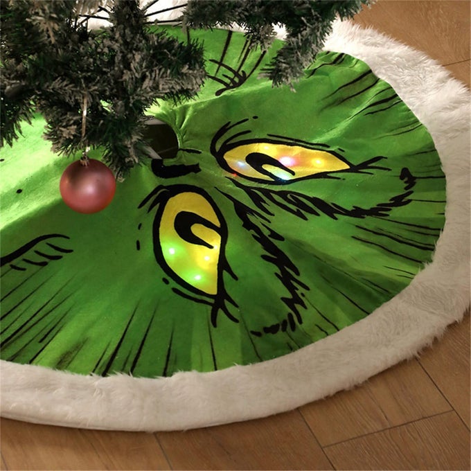 GREEN MONSTER TREE SKIRT CHRISTMAS DECORATION LIGHT UP LARGE TREESKIRT GREEN TREE MAT FOR XMAS HOLIDAY PARTY INDOOR OUTDOOR 456 INCHES