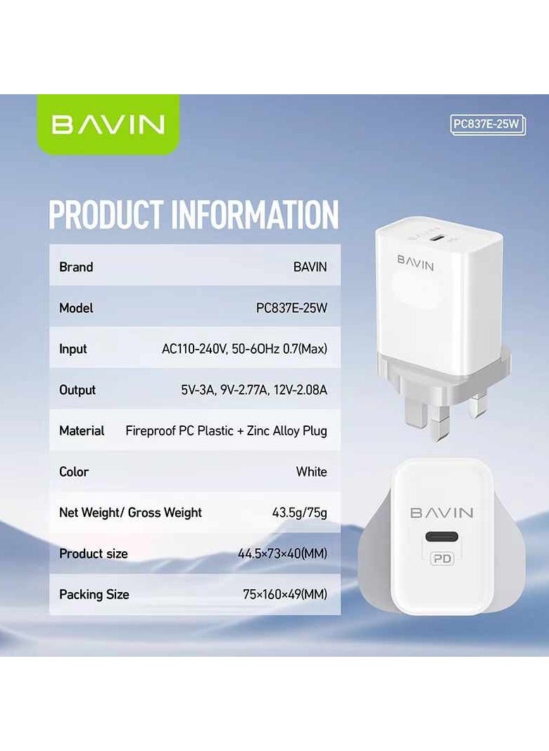 Bavin - Bavin-837E Ac Adapter Charger Type-C Port PD25W Home Charger Fast Charging White - Image 1