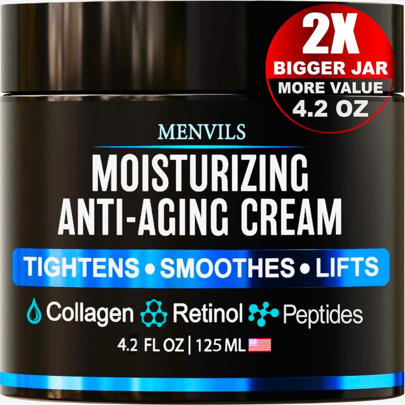 Menvils Mens Face Moisturizer Cream - Anti Aging & Wrinkle Cream - Face Moisturizer For Men with Collagen, Retinol, Peptides, Jojoba Oil - Facial Skin Care & Eye Lotion - Day & Night - 4.2 OZ - Image 1
