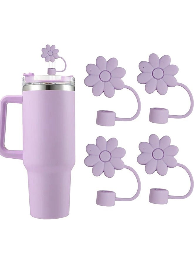 4 Pcs Flower Straw Covers Toppers for Stanley Cups 30&40 Oz Tumbler Accessories Silicone Straw Caps Reusable Straw Tips Protectors for Stanley Cup 10mm 0.4 inch Straws (purple)  - Image 1