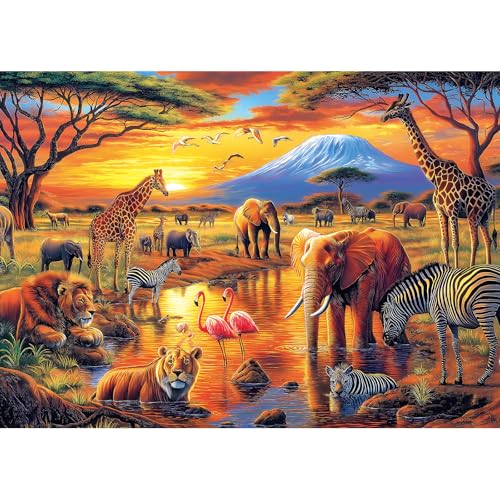 MINIWAN African Savannah Sunset Wildlife Puzzles for Adults 1000 Pieces Mount Kilimanjaro African Animals Jigsaw Puzzle Gift for Safari Nature Lovers 275x197 Inch - Image 1