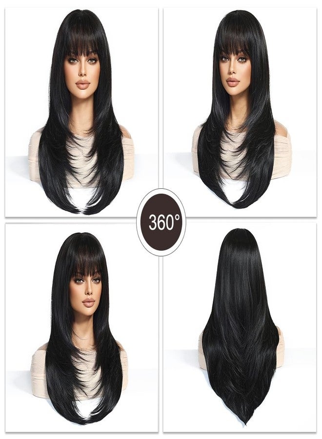 Esmee Long Straight Black Brown Wigs for Women with Fringe Natural Synthetic Hair Wig for Daily & Party Use - Image 5