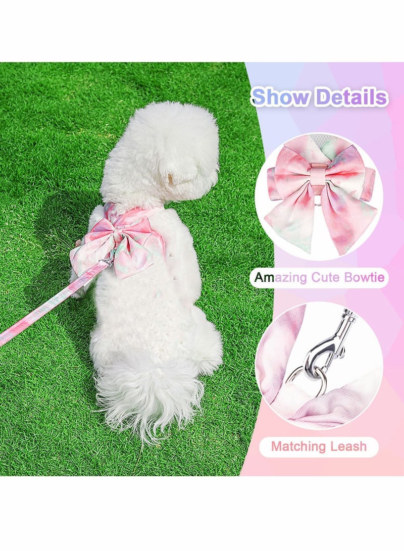 Y&D Cute Bow Tie Dog Harness and Leash Set Elegant Rainbow Gradient Puppy No Pull Soft Mesh Pet Cat Vest Harnesses for Small Dogs Cats, Pink - Image 3