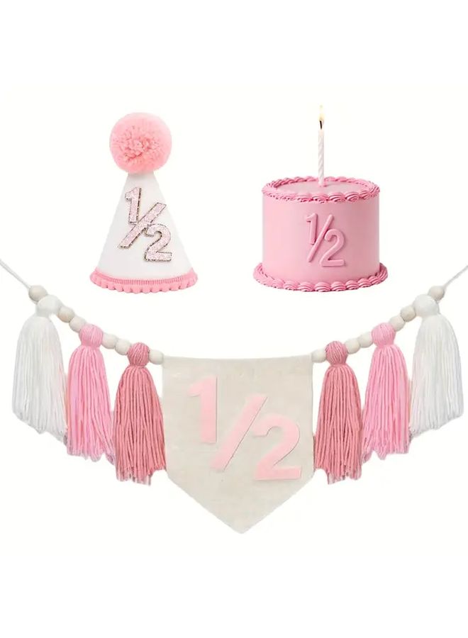 Pink Half Birthday Party Set for 6 Month Milestone With Banner Hats And Half Number Decorations - Image 3