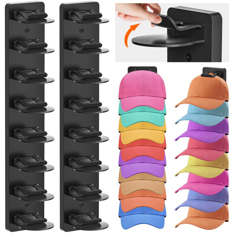 Eiito Hat Organizer for Baseball Caps, 2 Pack Strong Adhesive Hat Rack for Wall, Multilayer Hat Storage Display Holder, Wall Mounted Hat Hooks Hold up to 16 Hats for Closet Door and Bedroom (Black) - Image 1