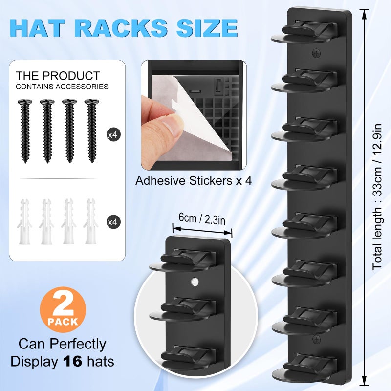 Eiito Hat Organizer for Baseball Caps, 2 Pack Strong Adhesive Hat Rack for Wall, Multilayer Hat Storage Display Holder, Wall Mounted Hat Hooks Hold up to 16 Hats for Closet Door and Bedroom (Black) - Image 2