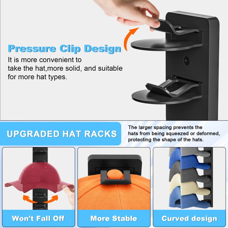 Eiito Hat Organizer for Baseball Caps, 2 Pack Strong Adhesive Hat Rack for Wall, Multilayer Hat Storage Display Holder, Wall Mounted Hat Hooks Hold up to 16 Hats for Closet Door and Bedroom (Black) - Image 5