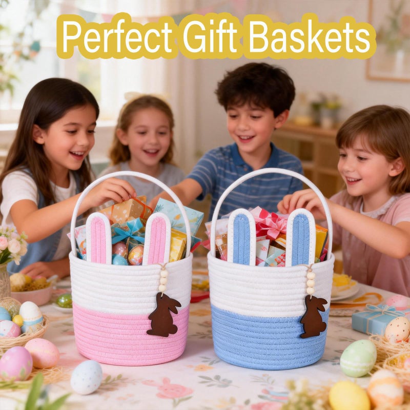 K-MLICE Easter Basket Empty 2 PCS Bunny Woven Rope Easter Baskets for Kids Easter Hunt Baskets with Handle Bags Easter Gifts for Kids Toddlers Girls Boys Teens Set of 2 Blue and Pink - Image 5