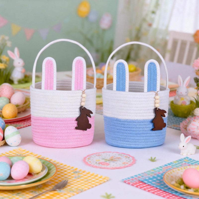 K-MLICE Easter Basket Empty 2 PCS Bunny Woven Rope Easter Baskets for Kids Easter Hunt Baskets with Handle Bags Easter Gifts for Kids Toddlers Girls Boys Teens Set of 2 Blue and Pink - Image 3