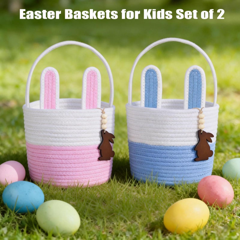 K-MLICE Easter Basket Empty 2 PCS Bunny Woven Rope Easter Baskets for Kids Easter Hunt Baskets with Handle Bags Easter Gifts for Kids Toddlers Girls Boys Teens Set of 2 Blue and Pink - Image 2