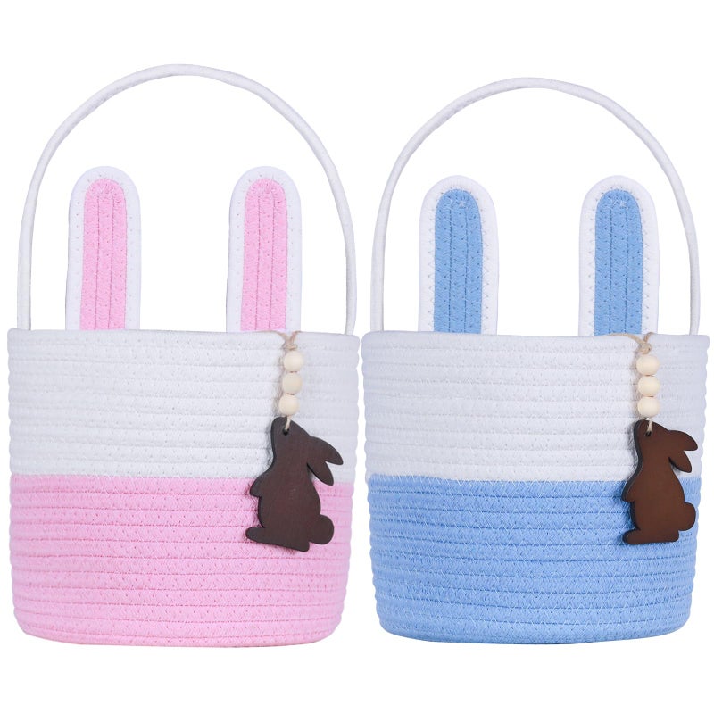 K-MLICE Easter Basket Empty 2 PCS Bunny Woven Rope Easter Baskets for Kids Easter Hunt Baskets with Handle Bags Easter Gifts for Kids Toddlers Girls Boys Teens Set of 2 Blue and Pink - Image 1