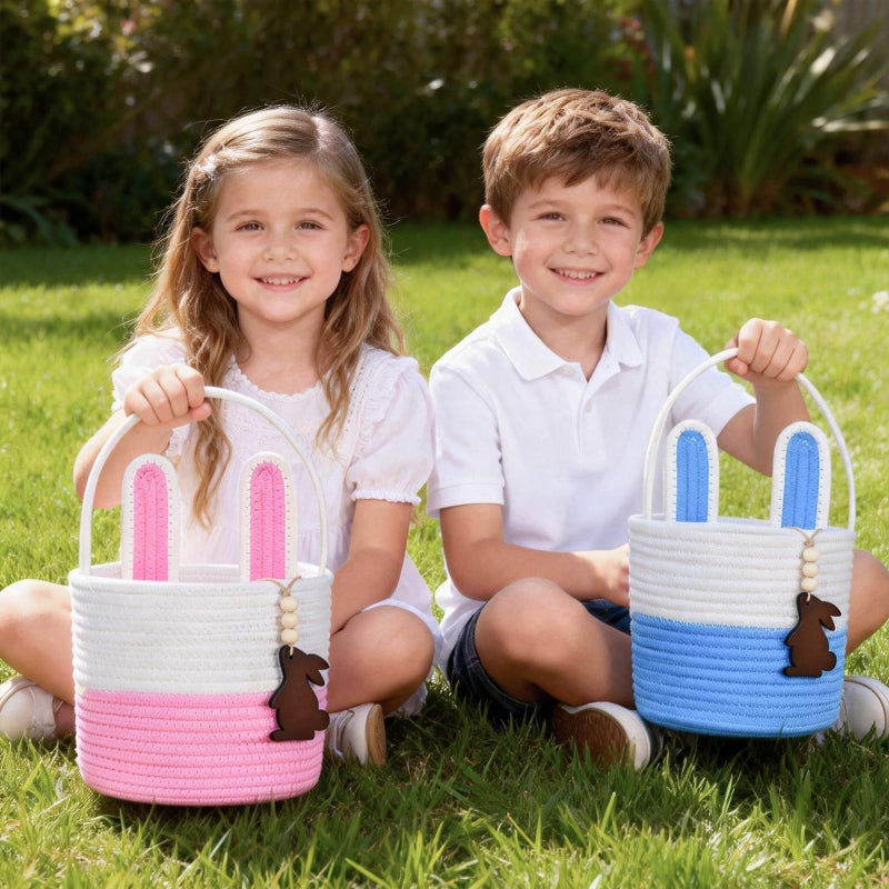 K-MLICE Easter Basket Empty 2 PCS Bunny Woven Rope Easter Baskets for Kids Easter Hunt Baskets with Handle Bags Easter Gifts for Kids Toddlers Girls Boys Teens Set of 2 Blue and Pink - Image 4