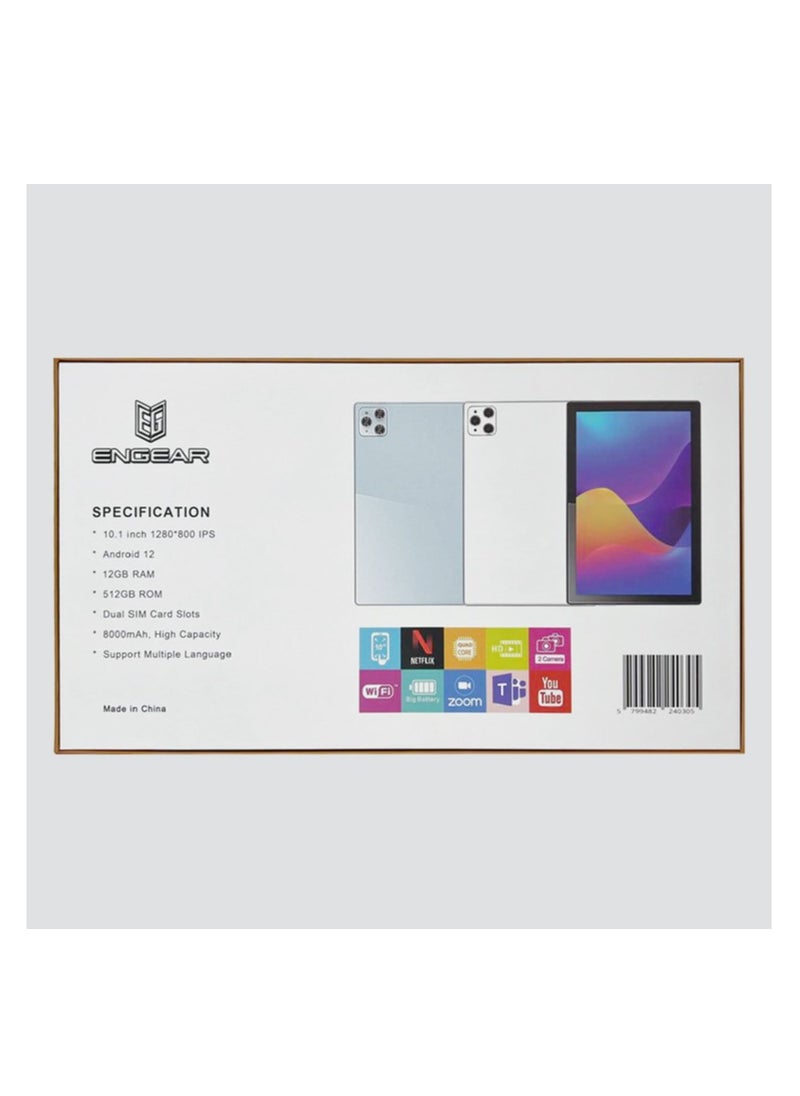 انجير - تابلت ذكي ENGEAR مقاس 10.1 بوصة EG-X10 يعمل بنظام Android 12 Tab مع ذاكرة وصول عشوائي 512 جيجابايت وذاكرة وصول عشوائي 12 جيجابايت رباعي النواة وواي فاي 5G LTE ثنائي الشريحة - Image 1