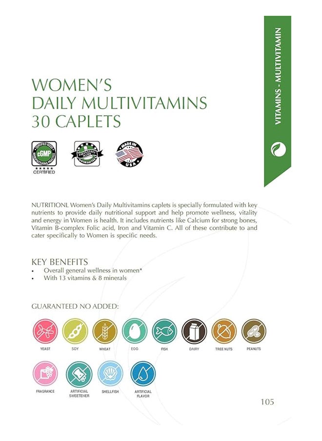 NUTRITIONL - Women'S Daily Multi Vitamins And Minerals Dietary Supplement Supports Overall General Wellness 30 Caplets - Image 1