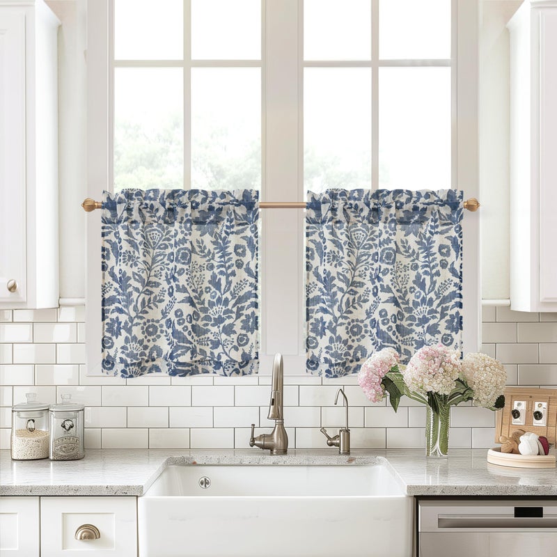 DriftAway Kitchen Curtain Floral Tier Linen Short Watercolor Flower Patterned Cafe Curtains 24 Inch Length for Living Room Bathroom Julia Farmhouse Rustic Drapes Rod Pocket 2 Panels Navy - Image 1